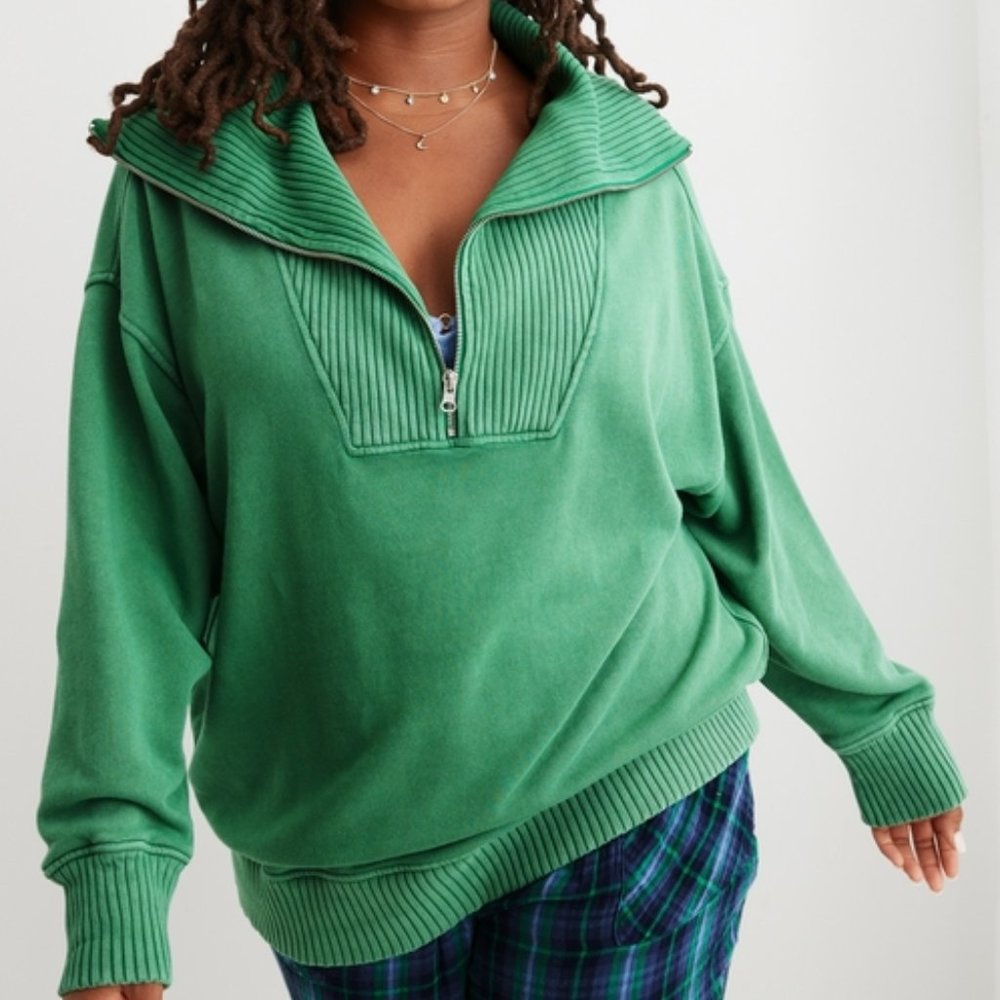 aerie Green Quarter-Zip Ribbed Collar Pullover Sweatshirt